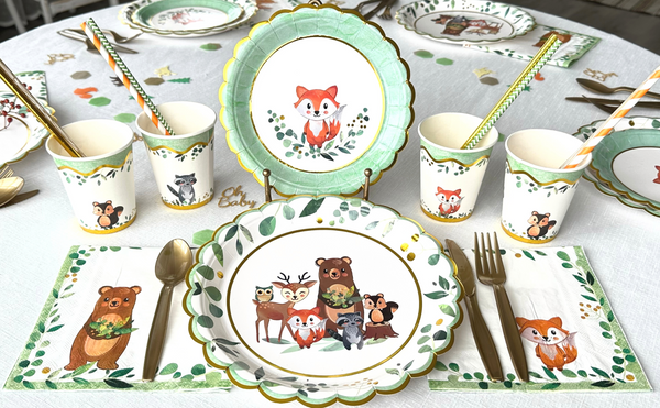 Woodland Baby Shower Decorations for Boy Disposable Tableware Set - Serves 24 - Woodland Baby Shower Plates, Cutlery, Cups, Napkins, Tablecloth, Straws - Woodland Theme Party Supplies