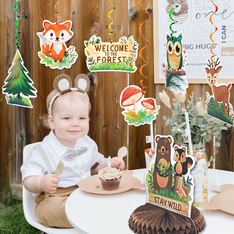 Woodland Animals Honeycomb Centerpieces 3D Table Topper Animals Hanging Swirl Decorations Forest Friend Birthday Party Foil Ceiling Decor for Boy Girl Kids, Woodland Baby Shower