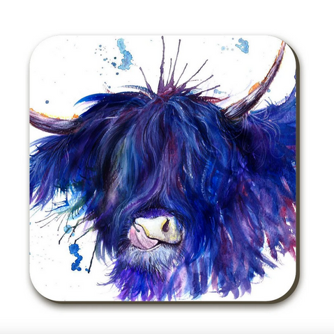 Wraptious Katherine Williams Blue Splatter Scottish Highland Cow Coo Coaster Table Mat