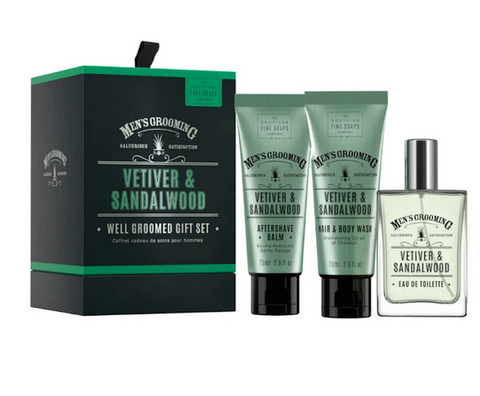 Scottish Soap Men's Grooming Vetiver & Sandalwood Well Groomed Gift Set Aftershave, Balm, Hair And Body Wash