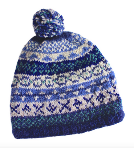 Pachamama Sustainable Fair Trade Finisterre Natural Wool Bobble Beanie Hat Denim Blue