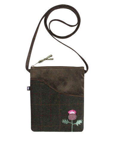 Earth Squared Green Brown Tweed Scottish Thistle Applique Cross Body Sling Handbag Purse