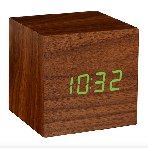 Gingko Walnut Brown With Green LED Dispay Square Cube Click Touch Travel Clock