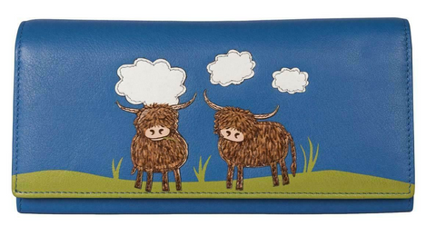 Blue 'Bella' Scottish Highland Cow Coo Flap Over Purse Wallet RFID Protection