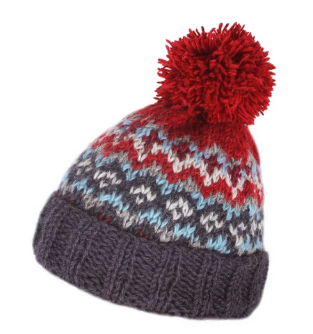 Sustainable Fair Trade Clifden Red Blue Natural Wool Mens Bobble Beanie Hat