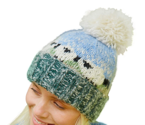 Sustainable Fair Trade Hazy Flock Of Sheep Blue Green Natural Wool Bobble Beanie Hat