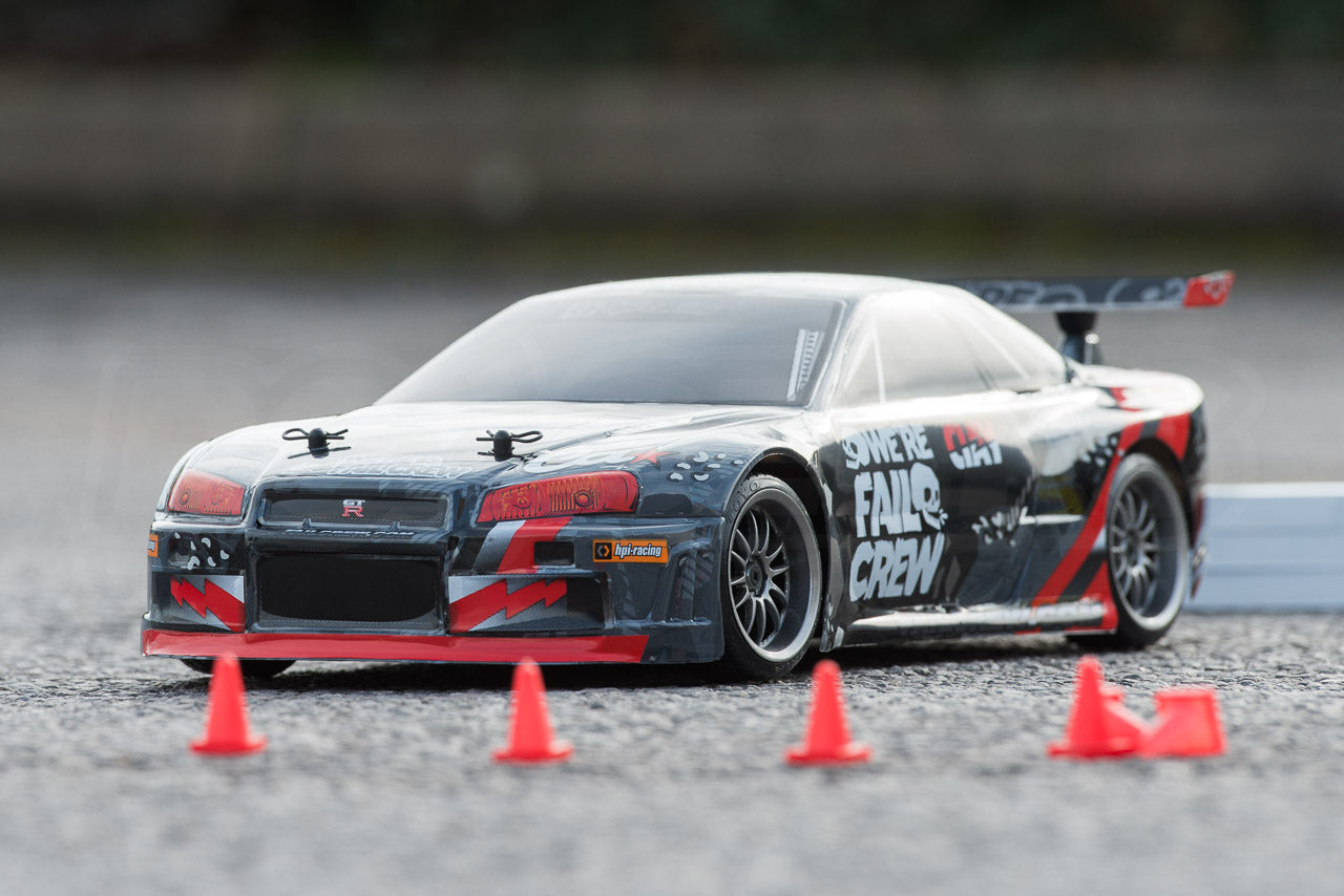 HPI Racing E10 Drift Nissan GT-R R34 Review outdoor posed with cones alternate