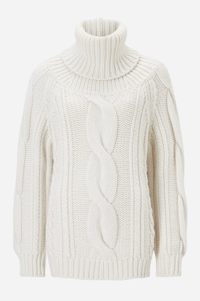 white cable knit roll neck jumper