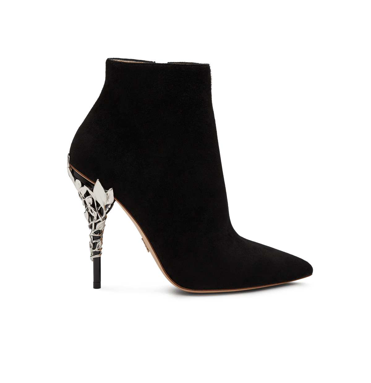 black ankle boots with silver heel