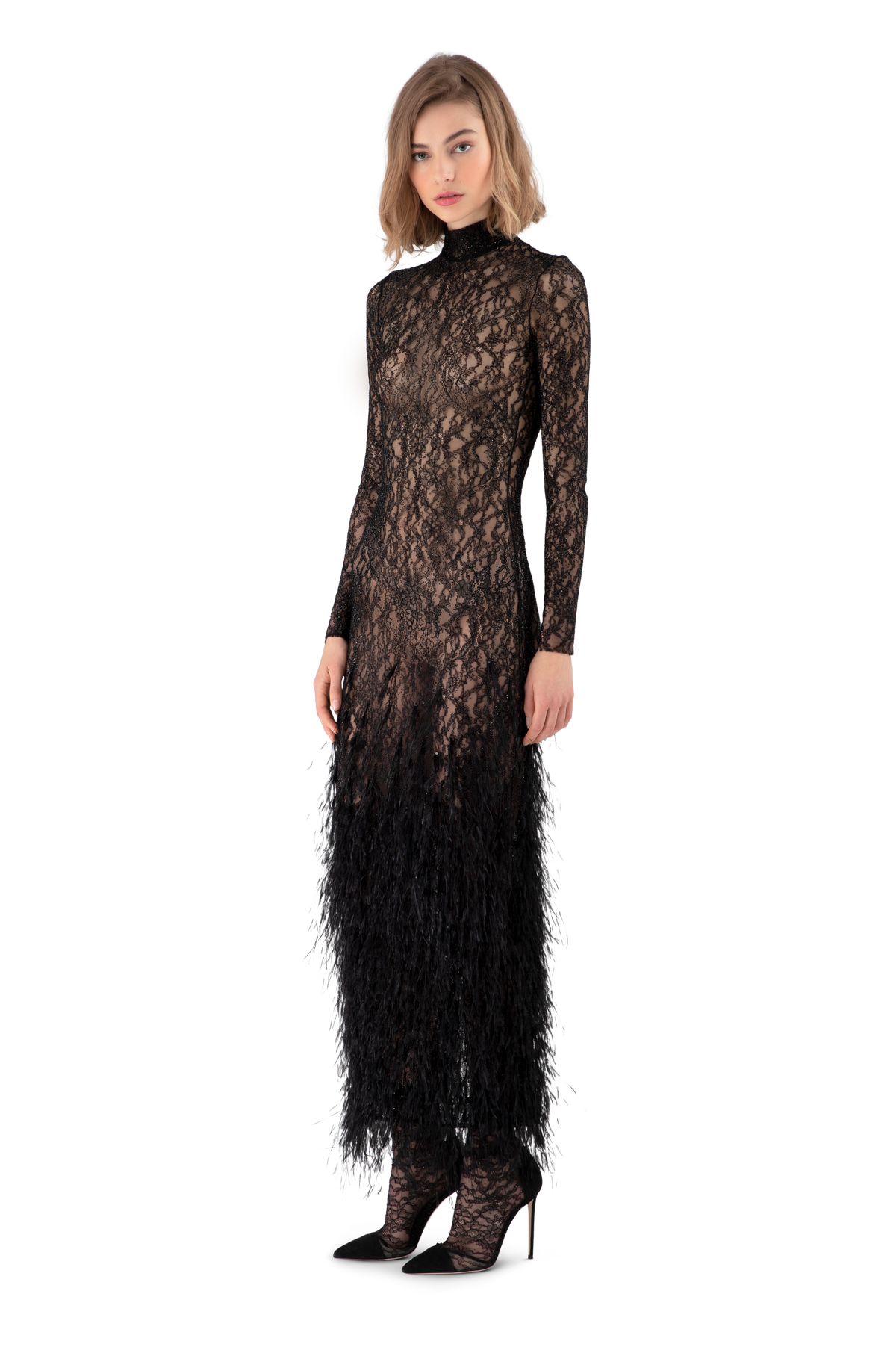 black feather midi dress