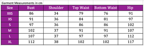 Size chart in CM