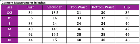 Size chart in Inches