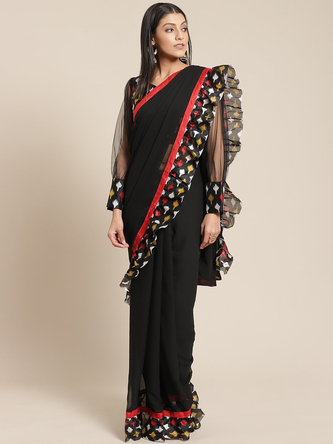 Black Multicolor Ikkat Handloom Saree - IN WEAVE - 3940066