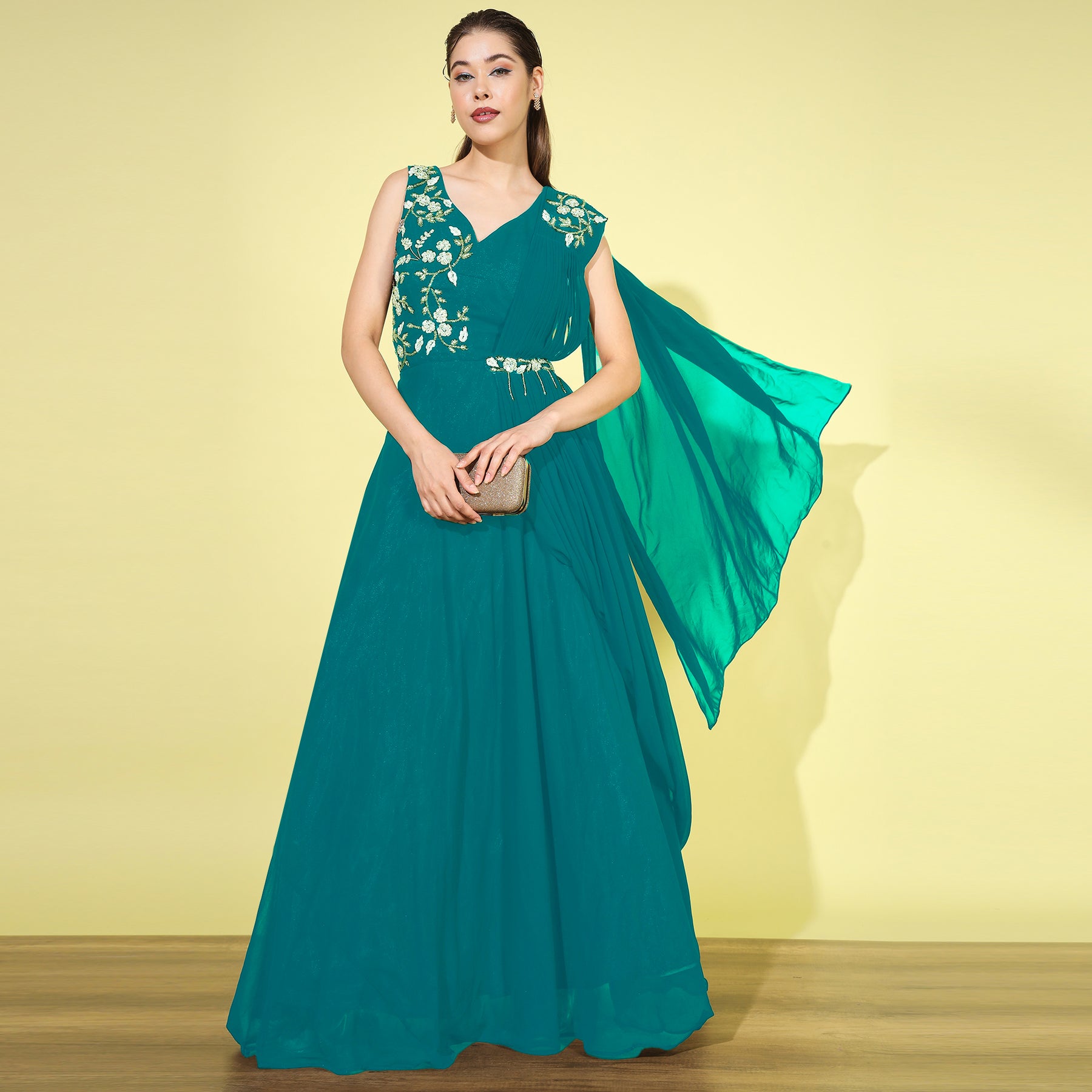 House Of Sitara Pastel green designer style off shoulders long gown with attached  dupatta online - House Of Sitara - 3325354