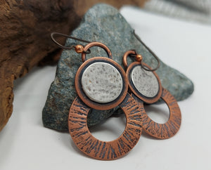 Hammered and Antiqued Copper and Sterling Silver Earrings.