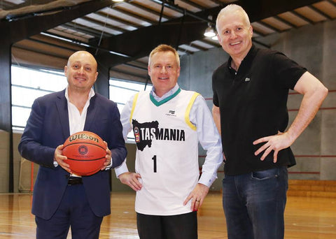 nbl tasmania Larry Kestelman Tasmanian Minister for Sport Jeremy Rockliff and NBL icon Andrew Gaze