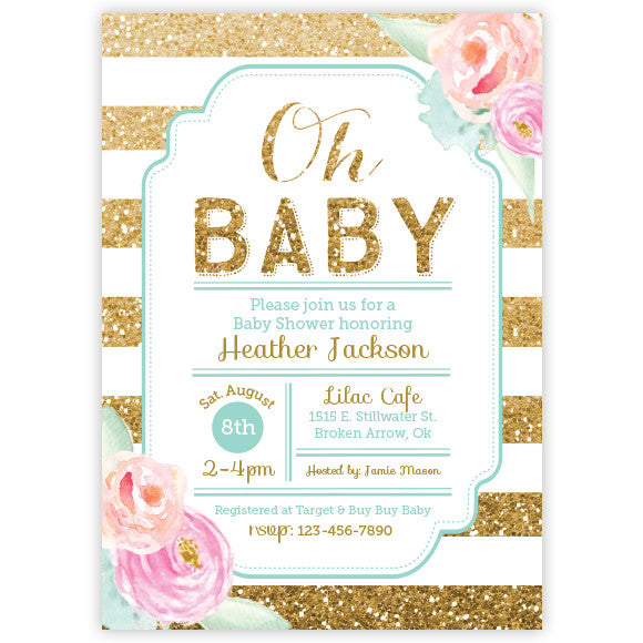 Floral Gold Glitter Baby Shower Invitation Ellison Reed