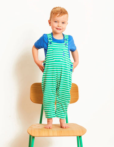 Organic Green Breton Stripe Dungarees - Toby Tiger