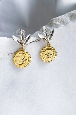 Gold Coin drop Earrings, Sun Moon coin charm earrings, Celestial Earrings with crystal flower, Leaf Earrings, Christmas earrings,Y2K jewelry