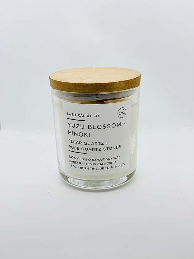 Yuzu Blossom + Hinoki Coconut Soy Candle with Wooden Wick and Clear + Rose Quartz Crystals 1
