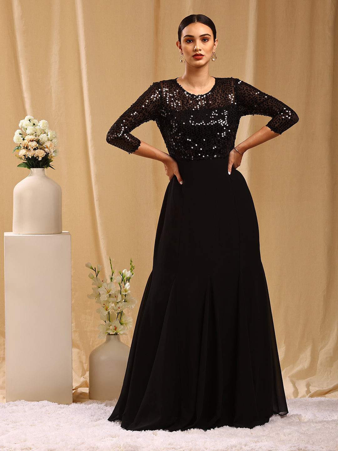 Buy Black Italian Tulle Hand Embroidery Bead Crystal Fish Tail Gown For  Women by Bhawna Rao Online at Aza Fashions.