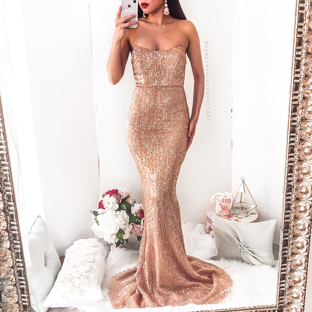 peach and rose gold dress