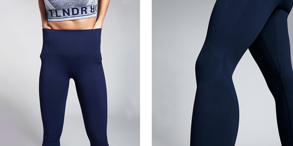 Models showing off LNDR's ultra-sculpting waistband and specially-designed compression panels