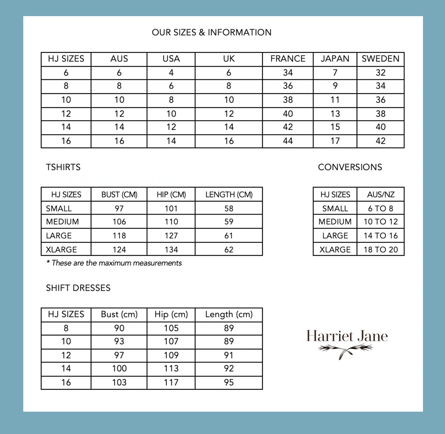 SIZE INFO – Harriet Jane Designs