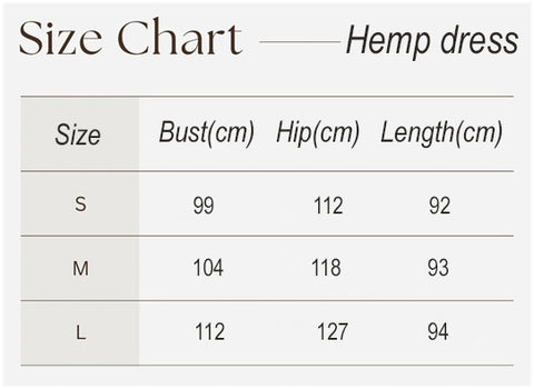 Hemp dress size chart