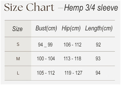 Hemp long sleeved top women's sizing information