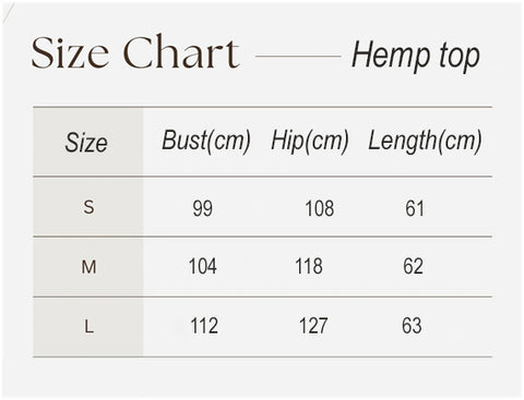 Hemp top women's size chart