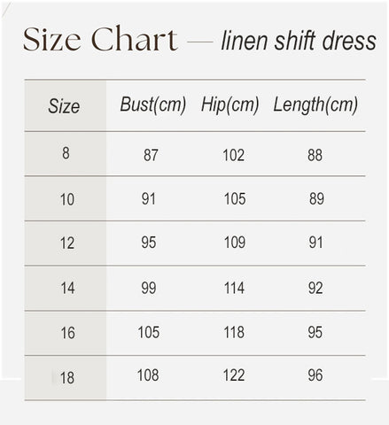 Australian made linen shift dress size chart