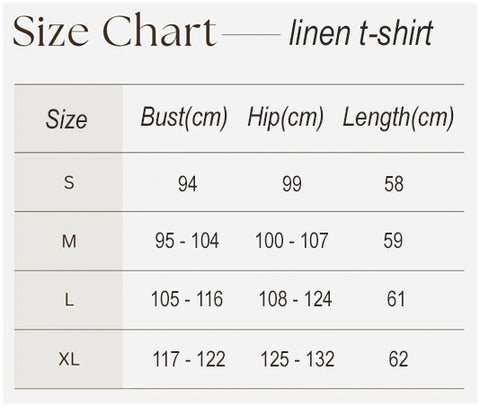 Australian made linen women's t-shirt size chart and info