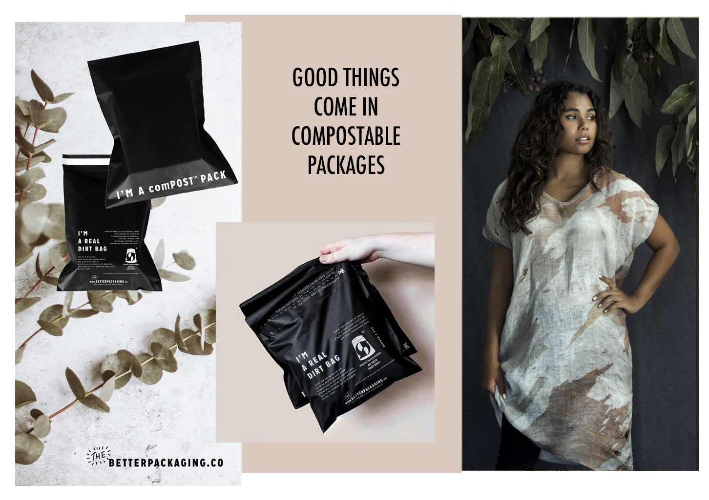 Pictures of compostable packaging and linen dress