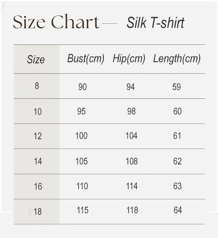 silk tshirt size chart