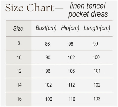 Linen tencel dress with pockets size chart