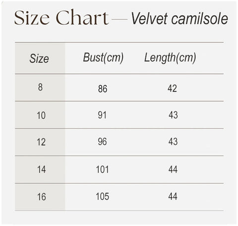 silk velvet camisole size chart
