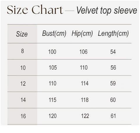 Silk Velvet long sleeved top size chart