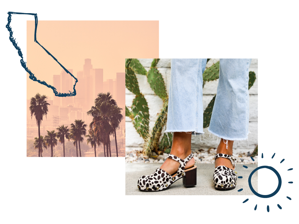 Los Angeles skyline and image of woman in cropped jeans wearing Betty clogs in dalmatian