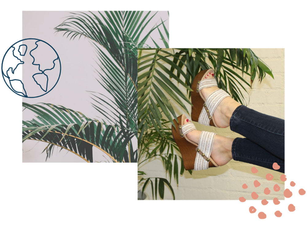 woman wearing Layla wedges in white has her feet up against a fern
