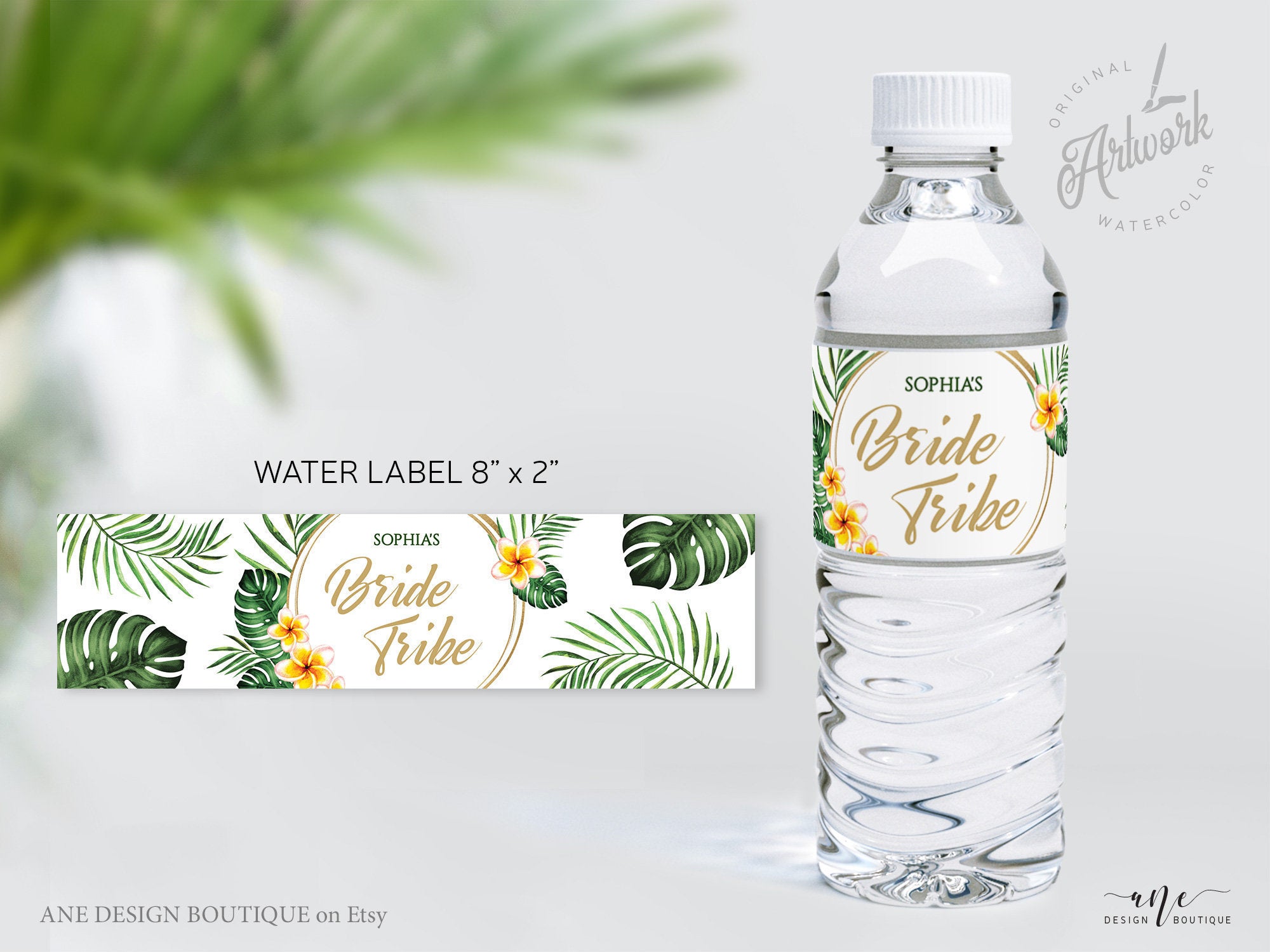 tropical beach bridal water label ane design boutique