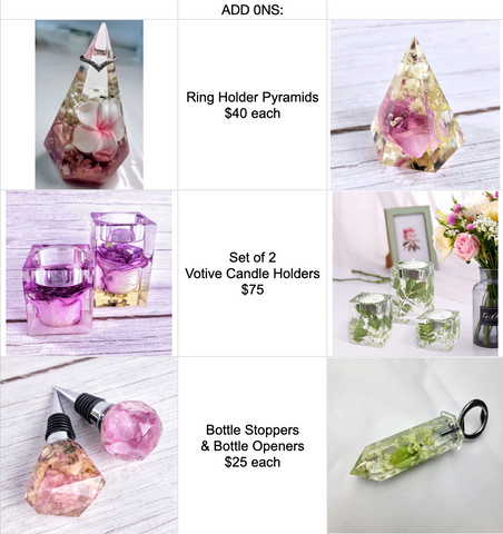 Ring holder, candle votive holders, bottle stoppers and toppers prices and styles.
