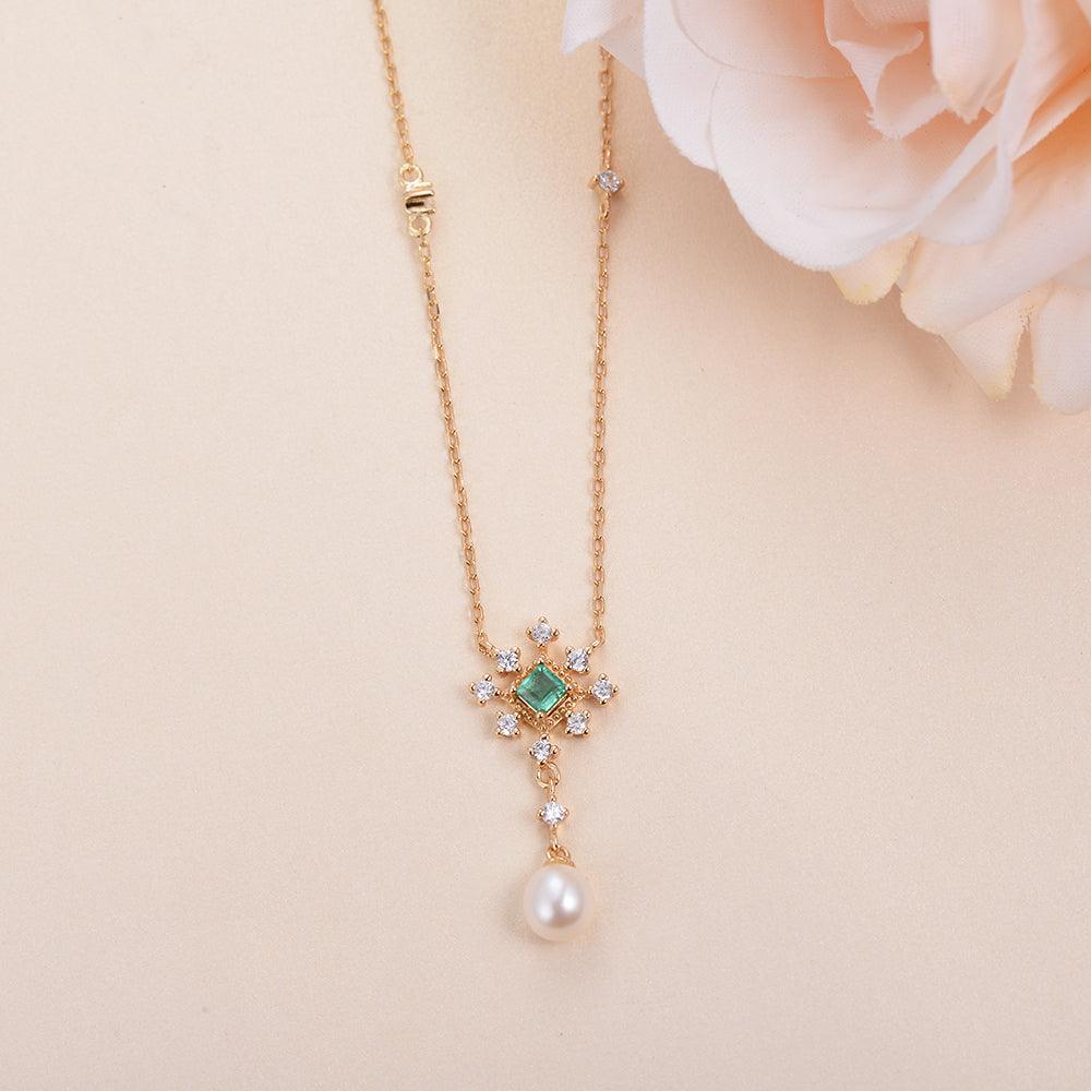 Natural Emerald & Pearl & Moissanite Rose Gold Necklace - Felicegals 丨Wedding ring 丨Fashion ring 丨Diamond ring 丨Gemstone ring--Felicegals