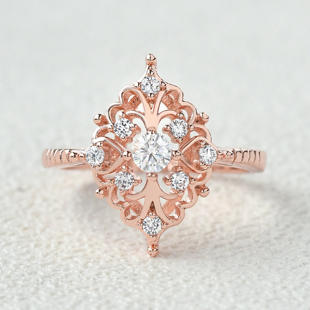 Vintage Moissanite Engagement Ring Set Solid Rose Gold Art Deco