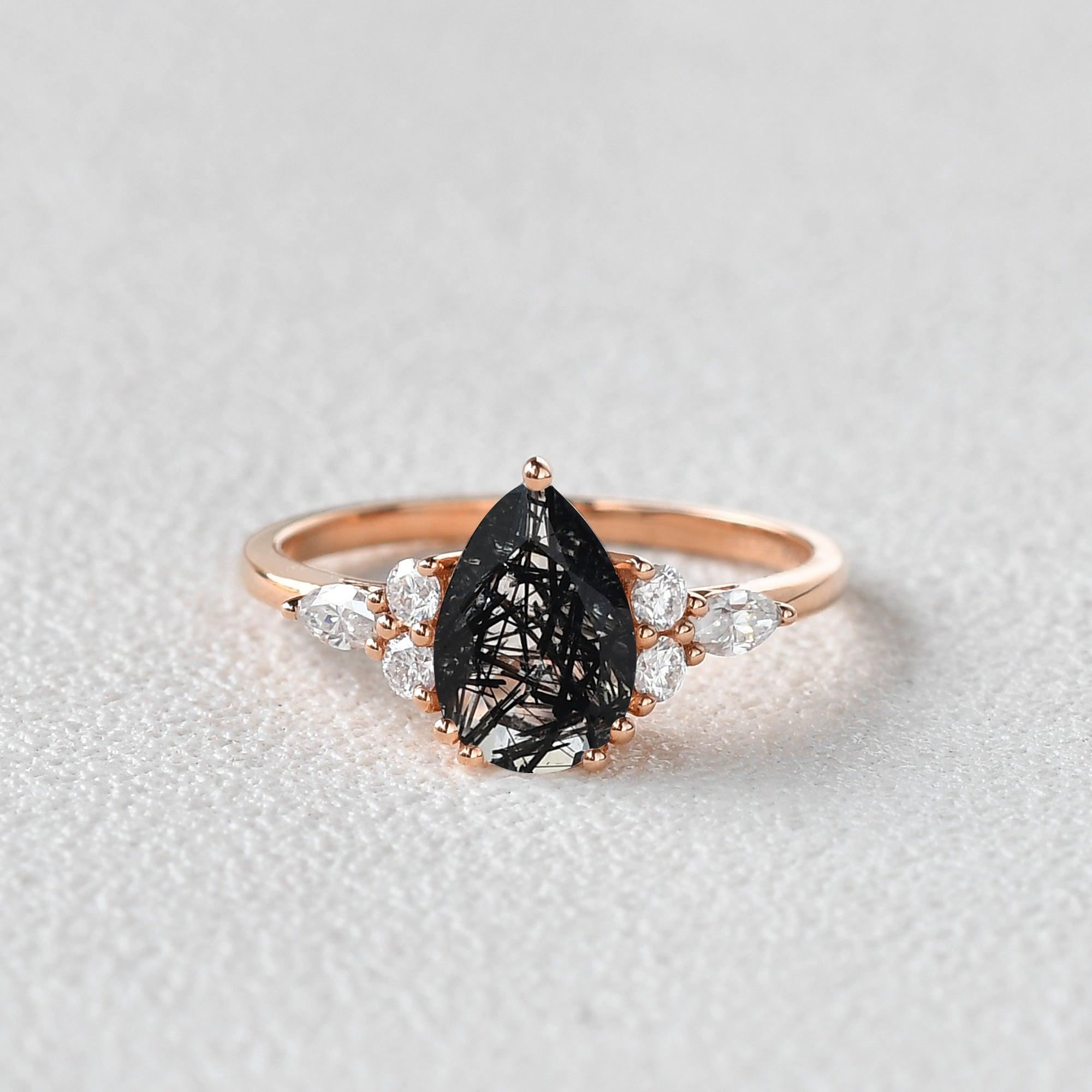 Pear Black Rutilated Quartz Engagement Ring for Women Vintage 