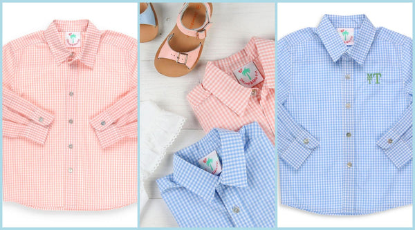 pink check oxford and light blue oxford image and flatlay