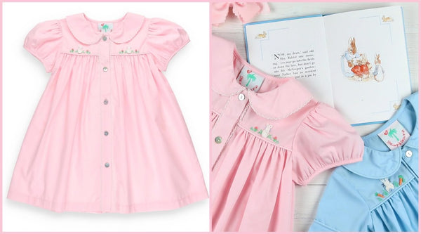 6 of the Best Easter Outfit Ideas for Girls - image of a pink Easter dress for a little girl and a light blue Easter bubble for a little boy