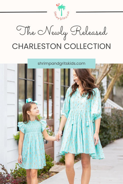 pinterest pin with a mom and daughter in matching outfits for the charleston release clothing collection