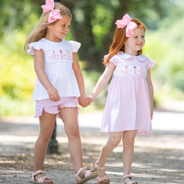 smocked top and shorts set and smocked dress for spring and summer