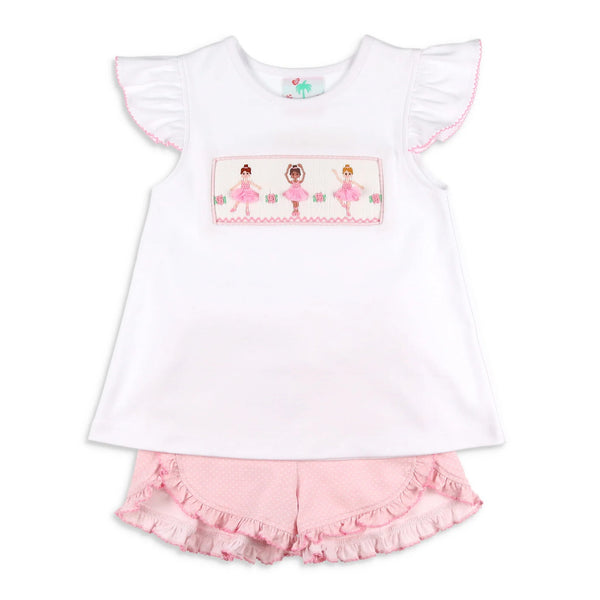 ballerina smocked top and pink ruffle shorts